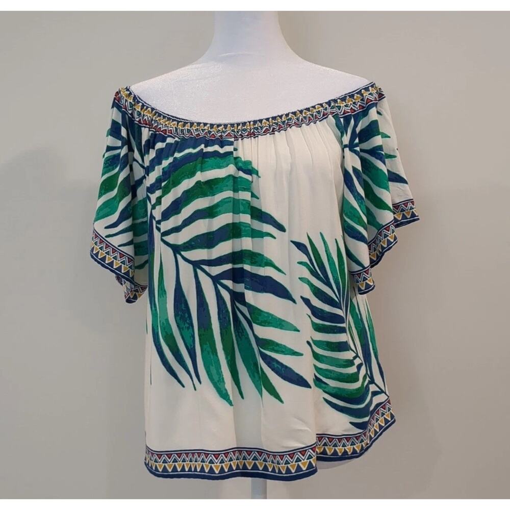 Flying Tomato Womens M White Floral Hawaiian Off-The-Shoulder Blouse Top Boho